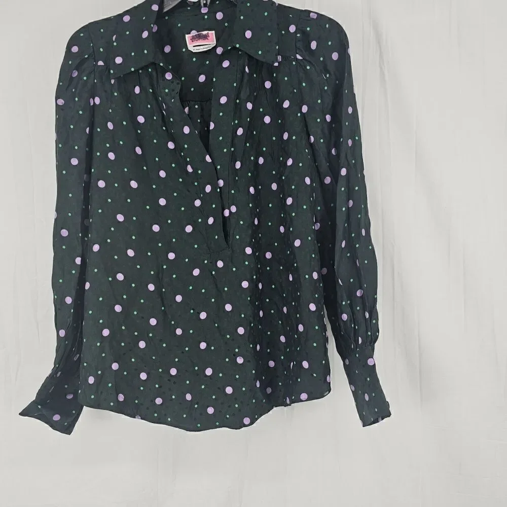 Kate Spade Pine Forest Green Pop Dots Blouse Size XS Silk Blend